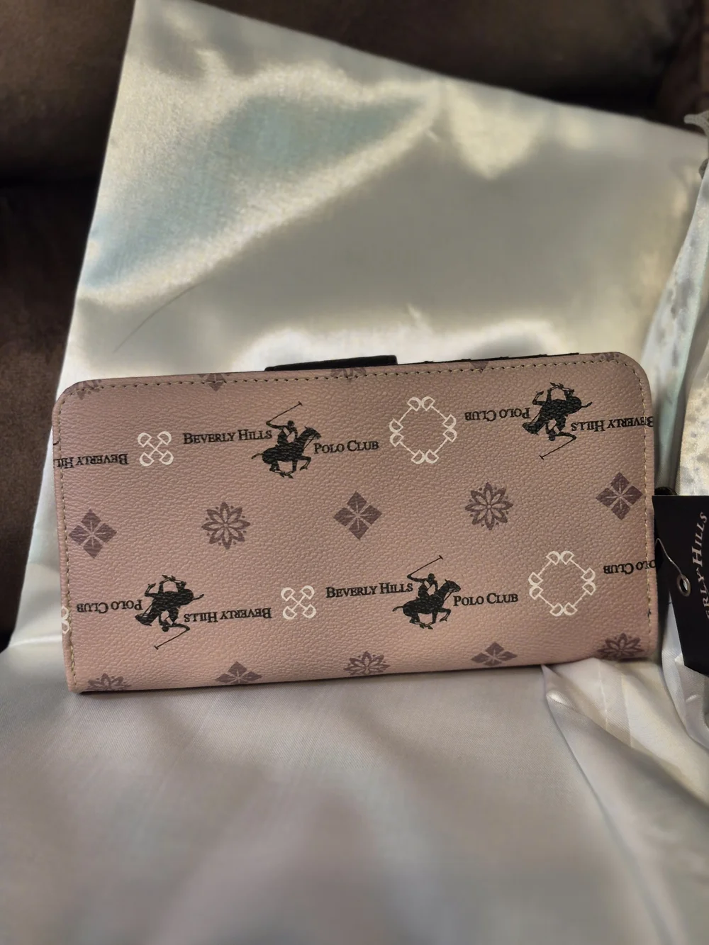 Beverly Hills Polo Club Tan Blush Logo Zip Wallet with Black Snap